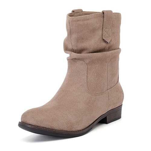 Women's Ankle Boots - Slouchy Fashion Low Calf Flat Booties Comfortable Round Toe Fall Winter Casual Short Boots for Women. 10 Beige Mf 974