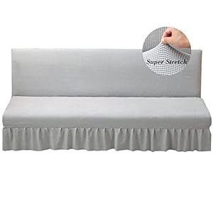HFCNMY Stretch Armless Futon Cover with Skirt, Knitted Jacquard, Light Grey, Modern Style, Machine Washable, Elastic Bottom, Checkered Pattern, Sofa Cover, Furniture Bed Protector