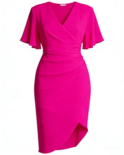 Image of Women's Wrap V Neck Asymmetrical Hem Midi Chiffon Ruched Cocktail Dress | Back Zipper,Regular Fit,Club Night,Office Formal,Dinner Date,Flutter Sleeve