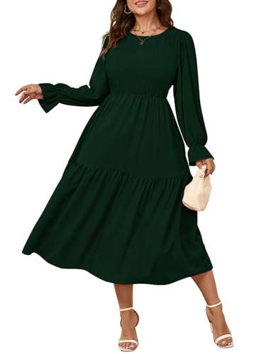Image of SHESTARR Women's Plus Size Dress Long Sleeve Crewneck Smocked Tiered Flowy Boho Wedding Party Maxi Dresses