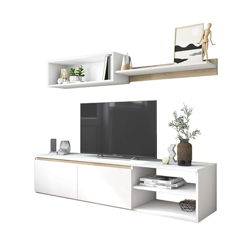 Miroytengo Modulo de TV para Salón Comedor Estilo Nórdico en Color Blanco Mate y Roble Sahara 160 cm