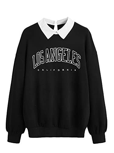 Floerns Women s Letter Graphic Print Long Sleeve Collar Pullover Sweatshirts Black S