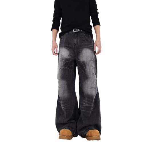 jupkem Men Y2k Low Rise Wide-Leg Jeans Baggy Casual Retro Distressed Black Pants Hip-hop Street Style Harajuku Clothing