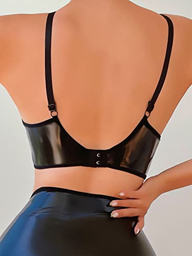 SHENHE Women's PU Faux Leather Push Up Brassieres Spaghetti Strap Underwire Bras Black L - Image 3