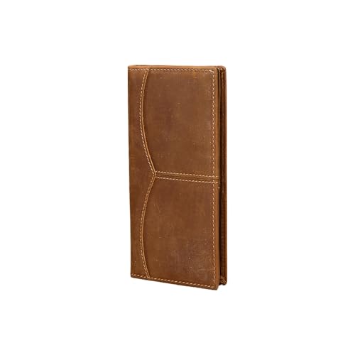 Retro Long Genuine Leather Bifold Wallet for Men with Zippered Coin Pocket Travel Size (Light Brown)