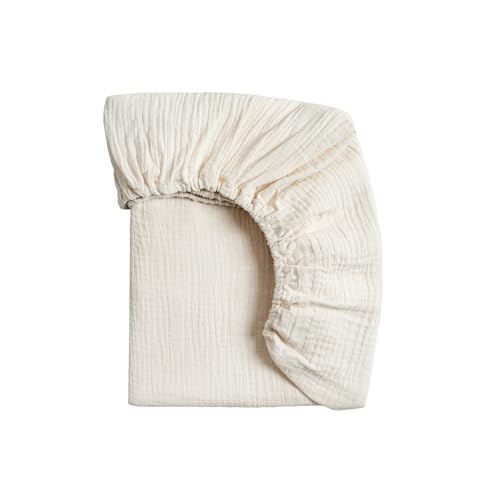 Image of Meracorallo Muslin Pack and Play Fitted Sheet, 100% Cotton, Cream | Soft Breathable Mini Crib Sheet, Pack N Play Sheet, 38x26 In, Playard Mattress Sheet for Baby Boys and Girls