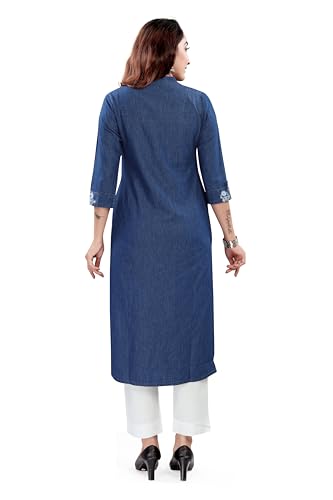 Image of Aprika Printed Straight Denim Kurta for Women Blue Color