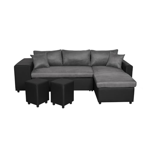 LOUNGITUDE - Canapé d'angle réversible Convertible avec Coffre et 2 poufs en Microfibre et Simili - Noir/Gris - 3 + 2 Places