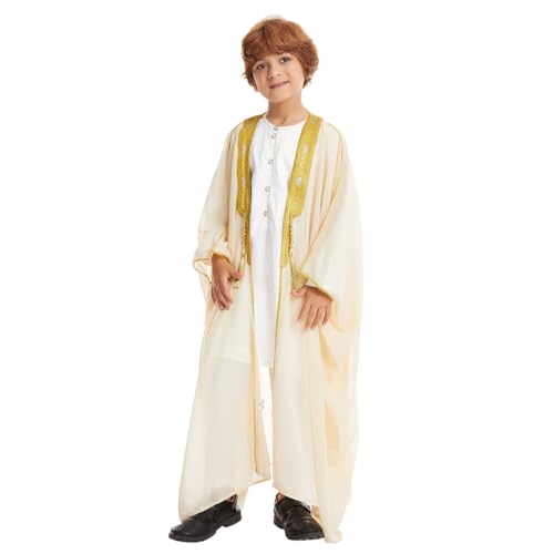 FYMNSI Open Front Kaftan for Boys Muslim Kids Abaya Islamic Prayer Clothes Embroidered Long Sleeve Cardigan Dress Chiffon Robe