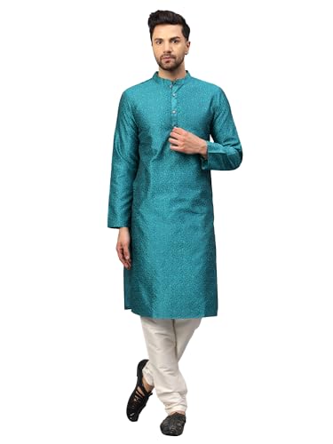 Image of LATEST CHIKAN Men's Silk Chikankari Kurta with Cream Churidar | Festive Set - KP Silk BANARSI