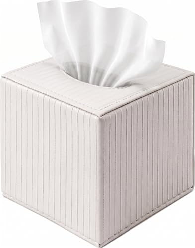 White Square PU Leather Tissue Box Cover with Magnetic Bottom Stylish Cube Holder for Napkins Decorative for Bathroom Living Room Office Car Nightstand
