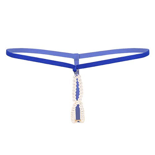 ranrann Men's Stretchy Artificial Pearl G-String Briefs Jockstraps O-Ring T-Back Underwear Blue One Size