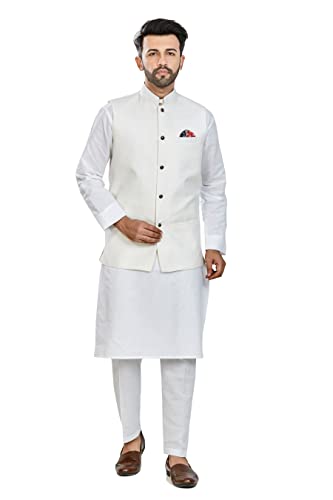 Image of BE ACTIVE 100% Cotton Solid Pattern Trendy Comfortable Stylish Full Sleeve Kurta Pajama Set with Jacket Nehru Style Koti for Men's ||