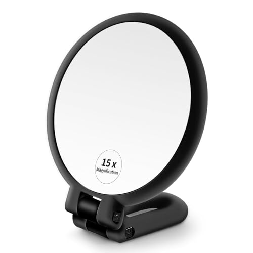 Image of 15X Folding Handheld Makeup Mirror | 23 x 13.5 x 2 cm | Double-Sided 1X /15X | Portable Travel & Purse Mirror | Multicolour Plastic Frame (1, Folding Round)