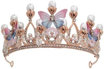 Tiara para niñas, corona de princesa de mariposa, diadema de perlas doradas, postizo de diamantes de imitación para niñas, tiaras decorativas de