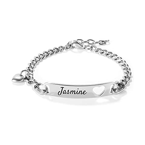 shumei Jewelry Personalized Custom ID Name Bracelet, Nameplate Date Engraved Stainless Steel Silvery Bracelet Best Friend Customized Gifts for Women Cover