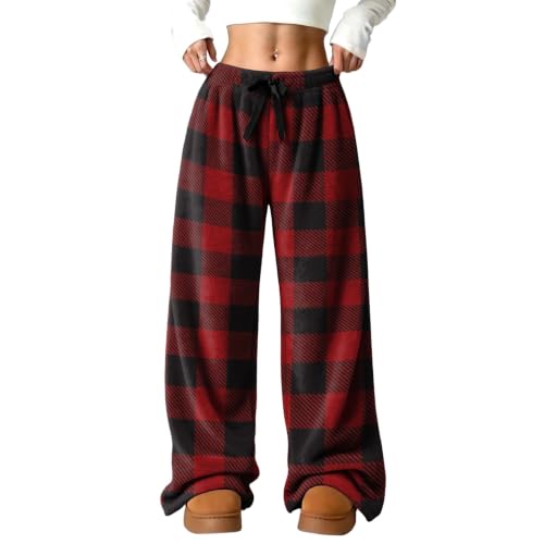 Women Pajama Pants Wide Leg Fluffy Buffalo Plaid Flannel Fuzzy Pants - image 2