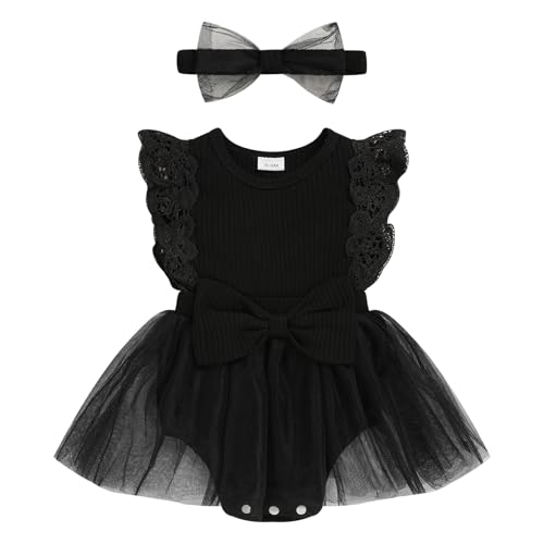 Viworld Baby Girl Romper Dress Tulle Skirt Bodysuit Ruffle Sleeveless Summer Outfit with Headband for Infants(Black 9-12M)
