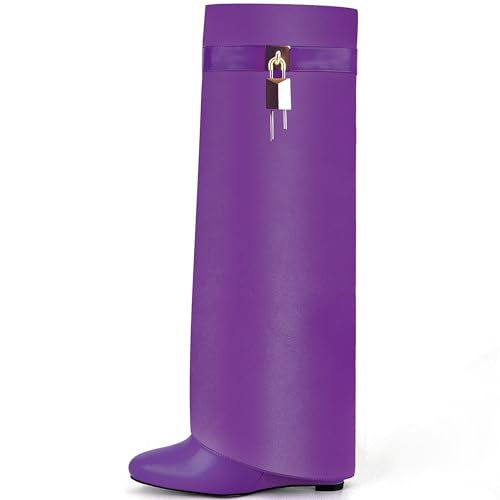 Image of Fold Over Boots for Women Pointy Pull-on Wedge Heel Knee Shark Boot With Side Zipper Padlock Design