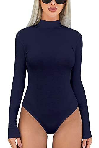 SHEIUGU Bodysuit For Women’s Classic Fit Turtleneck Long-Sleeve Bodysuit Top (Navy Blue, Small)