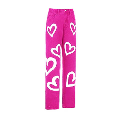 Heart Print Jeans for Women Fashion Wide Leg High Waist Denim Pants Boyfriend Jeans Loose Fit Vintage Jeans for Teen Girls4