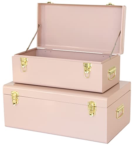 Image of Vixdonos Metal Trunks College Dorm Steel Chests Decorative Storage Box Set of 2 Bedroom Organizer for Home Decor,23.7X14.2X9.5 Inches(Pink)