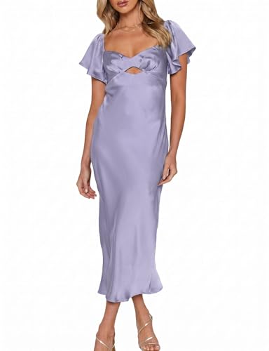 Image of Summer Satin Flutter Sleeve Wedding Guest Dresses for Women Sweetheart Neckline Cutout Tie Back Midi Cocktail Dress