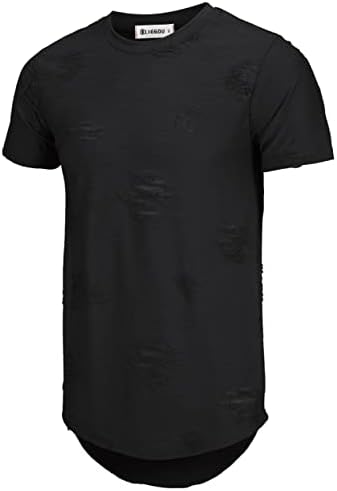 KLIEGOU Mens Hipster Hip Hop Ripped Round Hemline Hole T Shirt(1705)