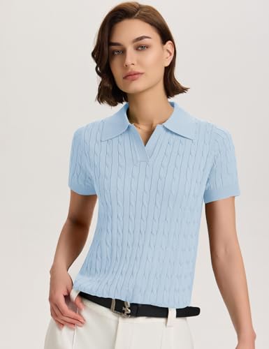 Image of Micoson Womens Short Sleeve Sweater Tops Lapel V Neck Polo Shirts 2026 Summer Cable Knit Loose Blouse Business Casual Outfits