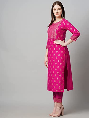 Image of GoSriKi Women's Cotton Blend Printed Straight Kurta with Pant & Dupatta