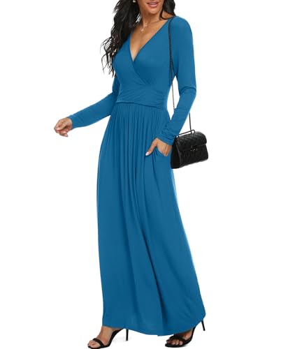 Image of LILBETTER Women Long Sleeve Deep V Neck Loose Plain Long Maxi Casual Dress