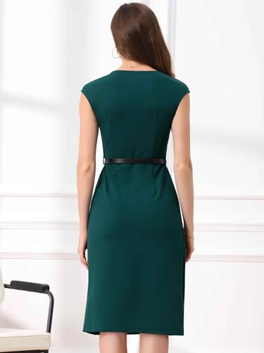 Image of Allegra K Business Dress for Women's Work Elegant 2026 Cap Sleeve Belted Office Sheath Dresses