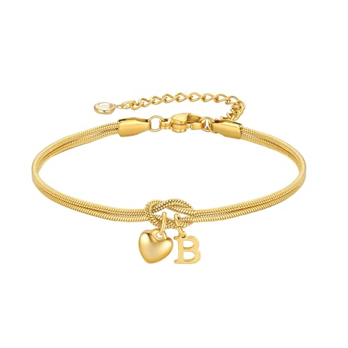 TINGN Bracelet Or Femme Fille - Bracelet en Or 18K Plaqué avec Nœud et Lettres Personnalisées, Pendentif en Forme de Cœur, Bracelets Nœud d'Amour, Cadeaux...