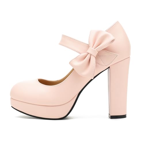 Image of MAIERNISI JESSI Women's Platform Mary Jane Pumps with Bow, 3.94 Inch Block Heel Dress Shoes