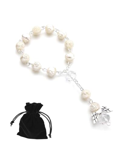 KGDUYC - Rosario de coche para colgante de ángel de la guarda - Bolsa de regalo de terciopelo - Rosario blanco corto para hombres y mujeres - Idea de regalo para conductores - Adorno colgante