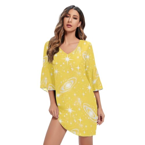 Robe fluide col en V motif galaxie pour femme en mousseline jaune