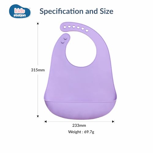 Image of Kids Station Silicone Baby Bib for Feeding & Weaning BPA Free, Soft Adjustable Neckline with Buttons, Washable & Reusable, Ideal for Babies & Toddlers 6 to 36 Months - Purple