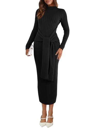 Saodimallsu Womens Long Sleeve Midi Sweater Dress Bodycon Mock Neck Ribbed Knit Tie Waist Fall Long Dresses