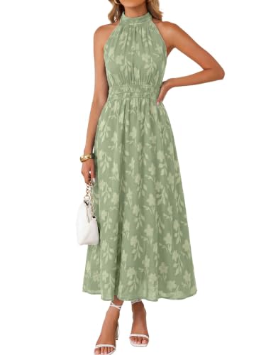 Image of Simplee Womens Summer Halter Maxi Dress Boho Floral Wedding Guest Dress Flowy Sleeveless Long Sundresses with Pockets