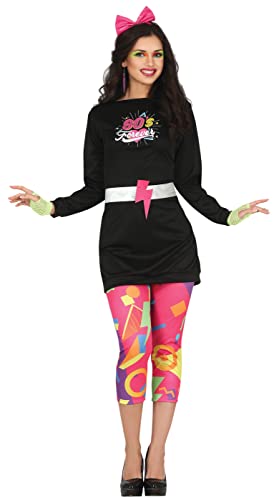 Déguisement des années 80 robe noire manches longues legging rose imprimé pour femme taille 36 38