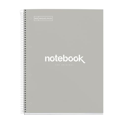 Miquelrius   Cuaderno A4, Notebook Emotions, 80 Hojas de 90 g/m², Cuadrícula 5 mm, 1 Franja de Color, Espiral Microperforado, Libreta Cuadriculada, Tapa Extra Rígida, 4 Taladros, Gris