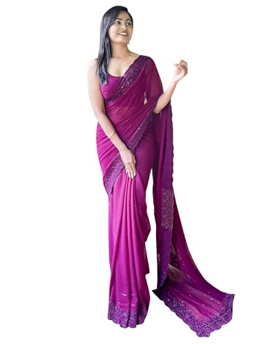 Image of AKHILAM Women's Georgette Embellished Saree With Unstitched Blouse Piece