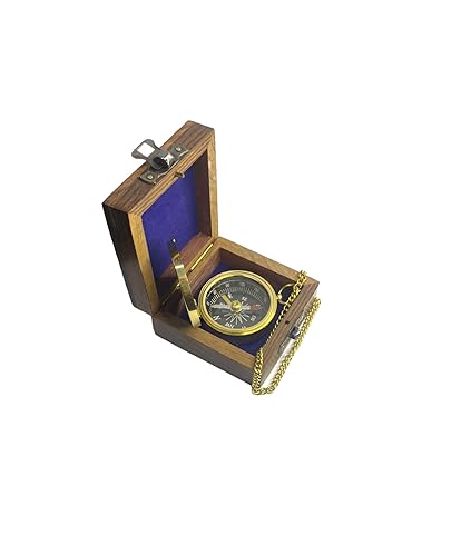 Brújula náutica vintage de latón con cadena y caja de madera miniatura 2