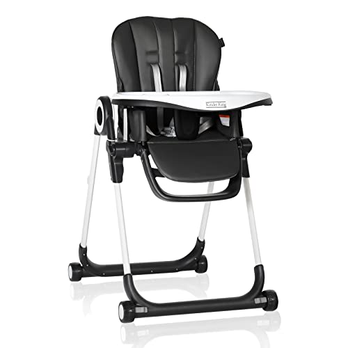 Image of Kinder King 3 in 1 High Chair for Babies & Toddlers, Simple Fold Highchair w/4 Lockable Wheels, No Assembly Required, Adjustable Height, Recline & Footrest, Removable Double Trays, PU Cushion, Black