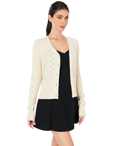 Image of AmelieBoutik Women Lightweight Button Down Long Sleeve Casual V Neck Soft Crochet Knit Fall Cardigan Sweater Tops