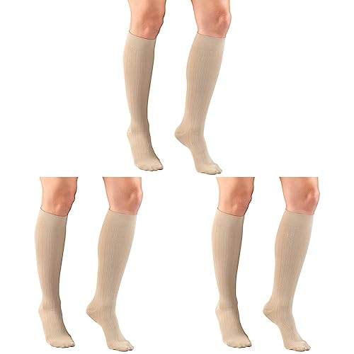Truform Compression Socks, 15-20 mmHg, Women's Dress Socks, Knee High Over Calf Length, Tan Rib Knit, Medium (Pack of 3)
