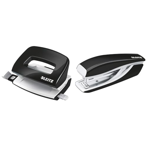Leitz Mini-Locher + Mini-Heftgerät, für 10 Blatt, Anschlagschiene mit Formatangaben, Tacker mit 1000 Heftklammern, Ergonomisches Design, Schwarz, WOW-Serie, 50601095 + 55281095