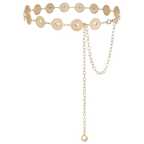 Alaoo Cinturón de Cadena de Metal para Mujer, Ajustable Cinturón de Cadena de Metal Occidental,Cadena de Cintura de Vaquera Occidental Retro para Vestidos,Vaqueros,Oro,F,120