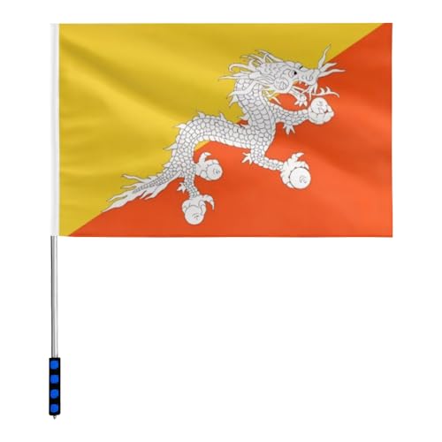 3x5FT Bhutan Flag with 5.2ft Telescopic Portable Handheld Flag Pole Kit,100D Premium Polyester Banner,63IN/160cm Extendable Hand Carry Flagpole, Retractable Stainless Steel Travel Tour Guide Flag Pole. (Bhutan)