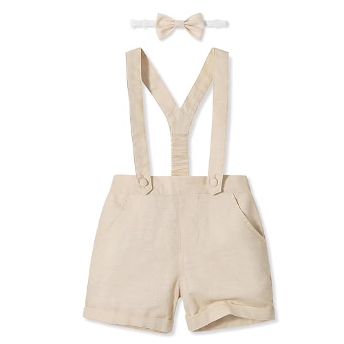 Volunboy Baby Boys Suspender Shorts, Casual Summer Linen Shorts with Braces, Bow Tie 3PCS(Light Khaki,2-3 Years,Tag Size 100)
